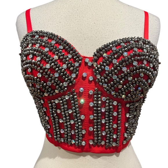Love J NWT red beaded corset with white and dark silver embellished rhinestones - Picture 2 of 11